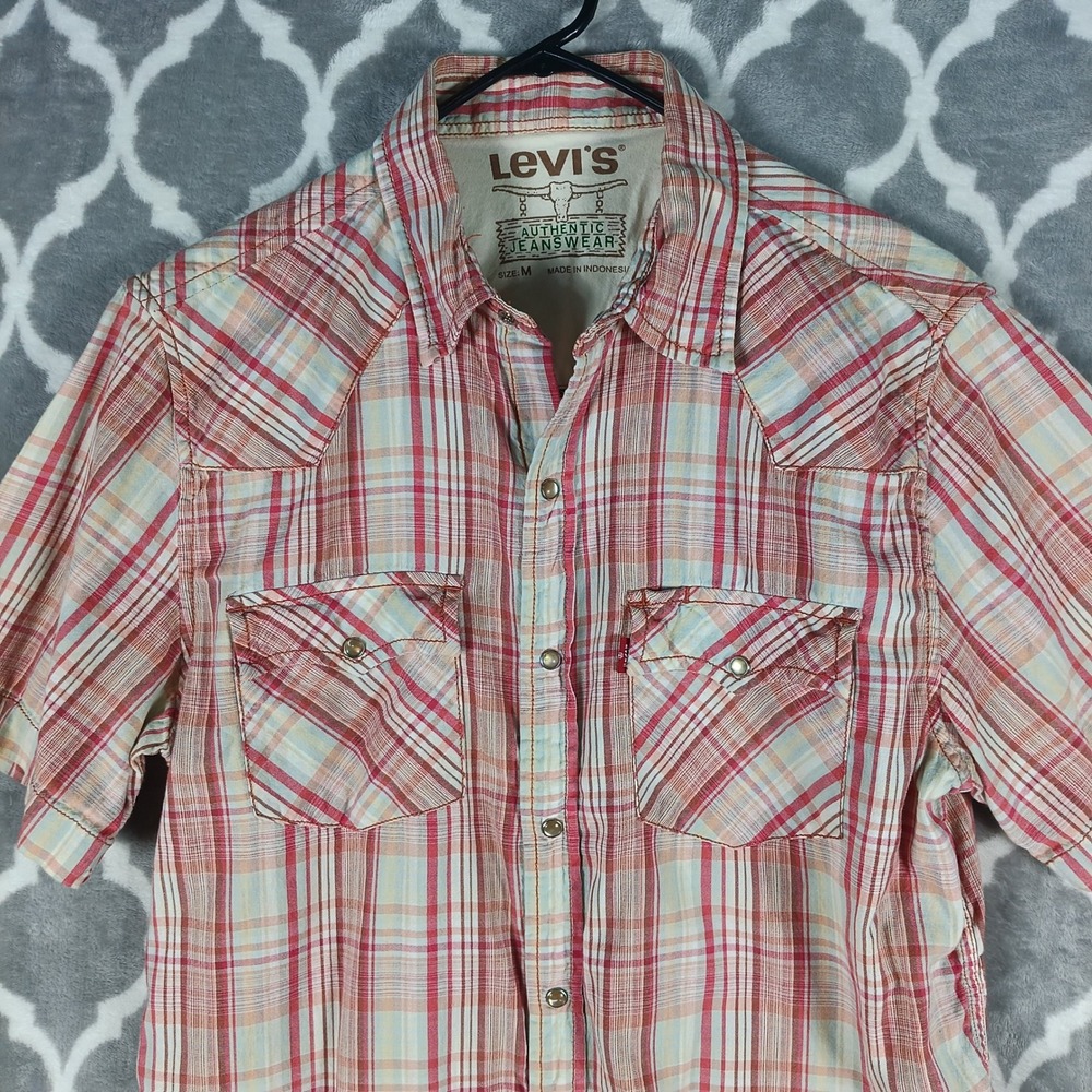 Levi's Western Shirt Men Size M Brown Plaid Pearl Snap Short Sleeve Casual Y2K